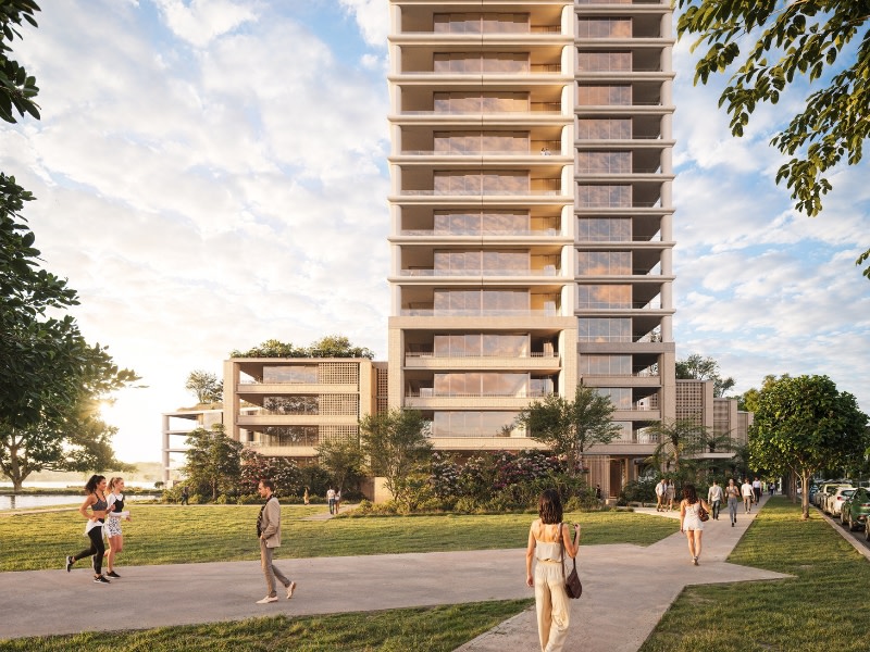 rendering showing the lower part of a tower along the river and people walking on pathways