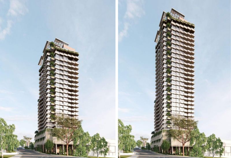 Renders of Aria's original approved tower (left) and the revised upsized proposal for the Kangaroo Point site. 