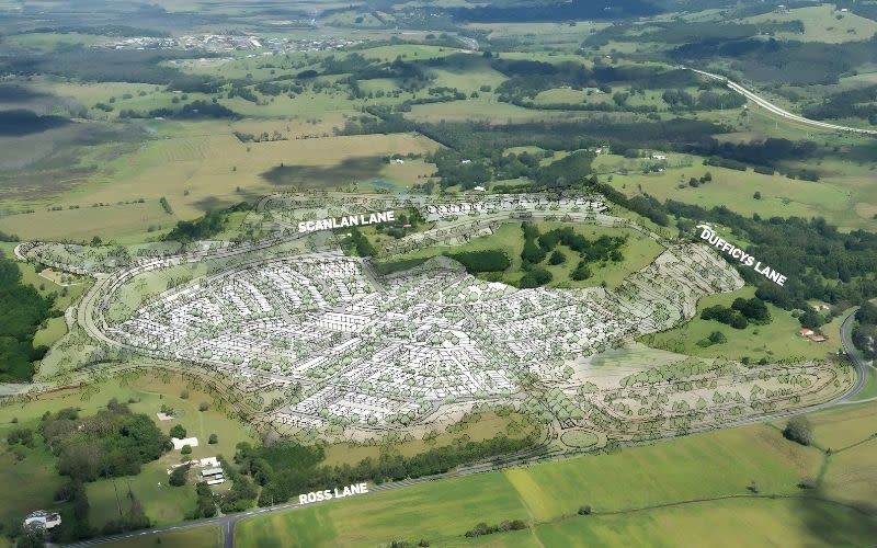 Aerial rendering illustrating the scale and setting of the proposed Kinvara development within Ballina’s northern growth corridor.