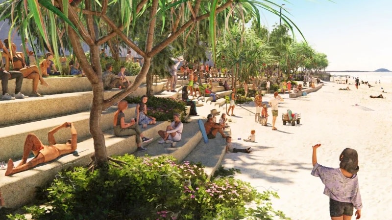 people sitting on a terraced seawall next to the beach -artists impression