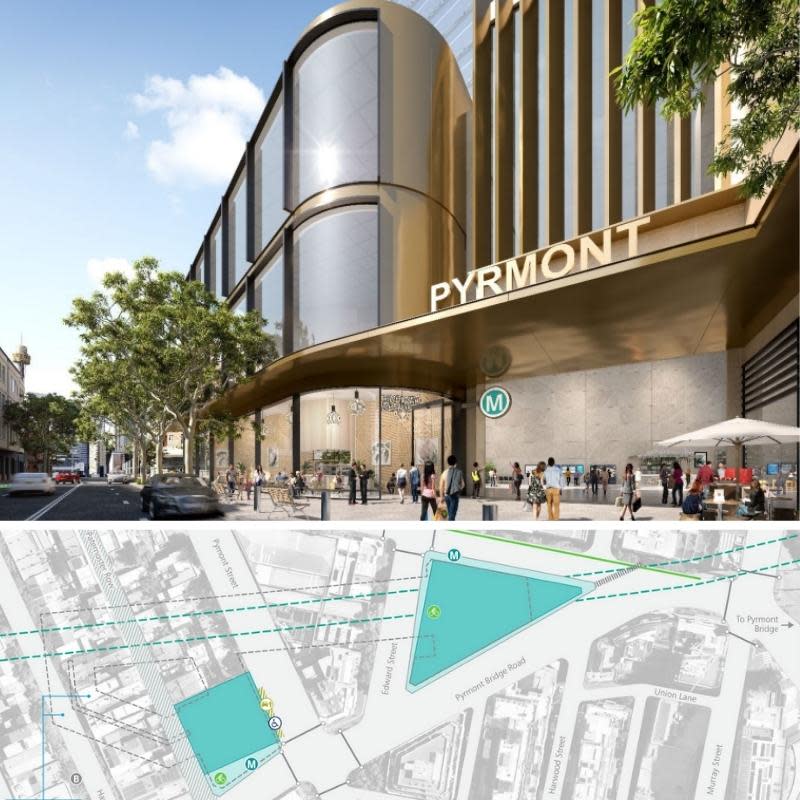 renders of a proposed future Pyrmont Station near Sydney CBD. The station will have a tall tower and is yet to be planned.