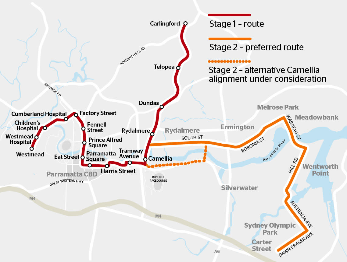 The second stage of the light rail would also support the government’s $2.4 billion investment in the first stage—which is due to open in 2023. Image: Nearmap