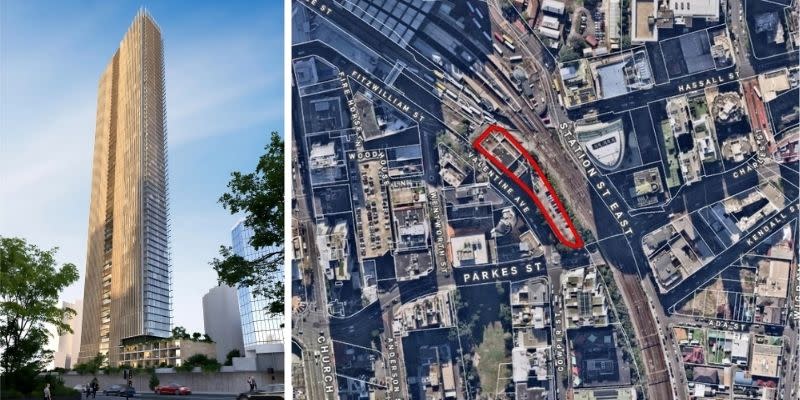 Buchan and Furtado Sullivan rendering the 72-storey residential tower next to the 2-10 Valentine Avenue site (outlined) beside Parramatta train station.