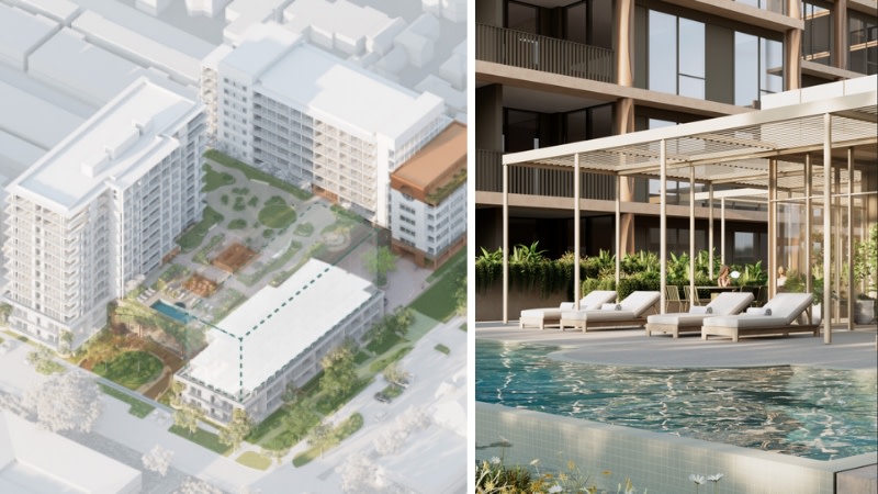 two images the first of a u-shaped building layout with a shared podium and the second of a rooftop pool 