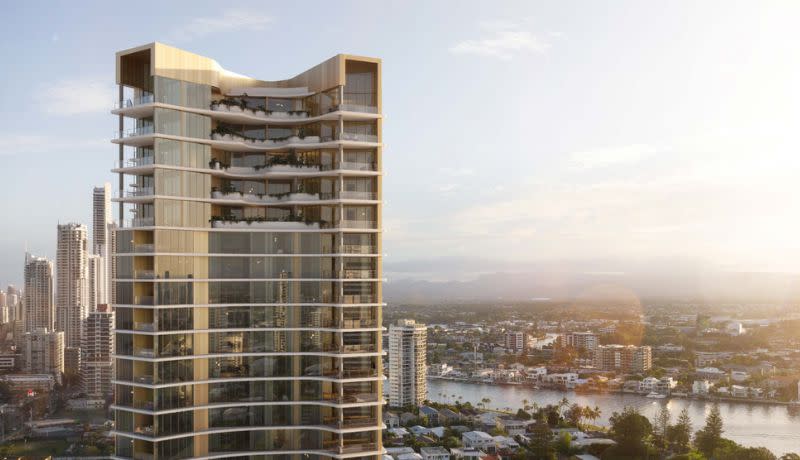 The 94-apartment tower will rise above the Nerang River.