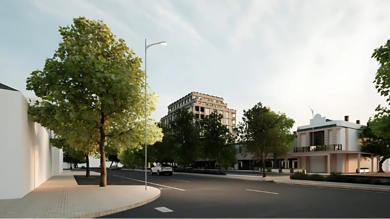rendering of a 10 storey tower from a distance which is surrounded by historic two storey buildings and trees