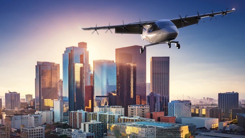 A render of an Electra Aero aircraft over Los Angeles. The company is an aviation partner with Aeroportz.