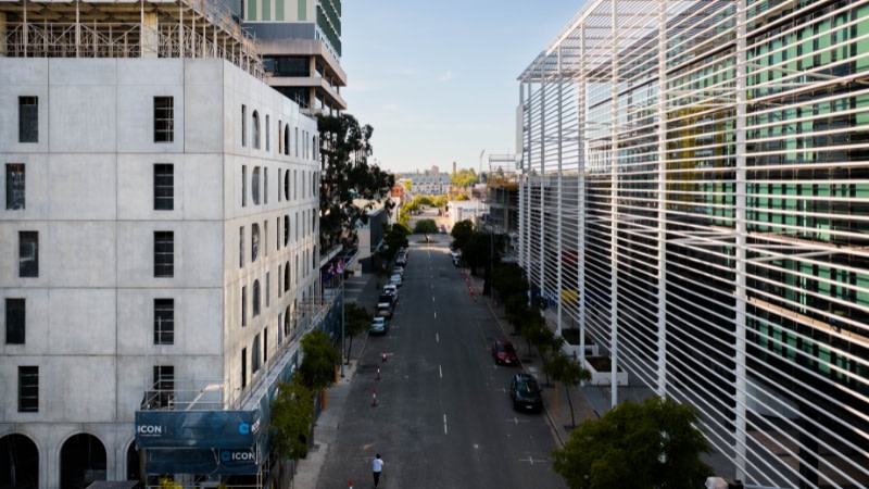 image showing Pier Street in perth with construction on the podium of a built to rent development.