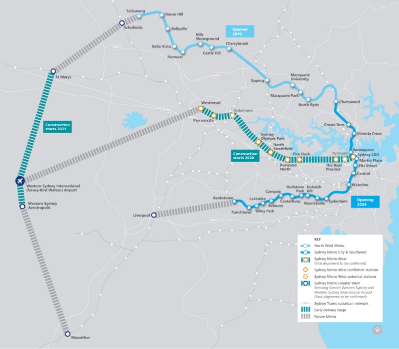 map of sydney metro showing where all the train lines for passengers are.