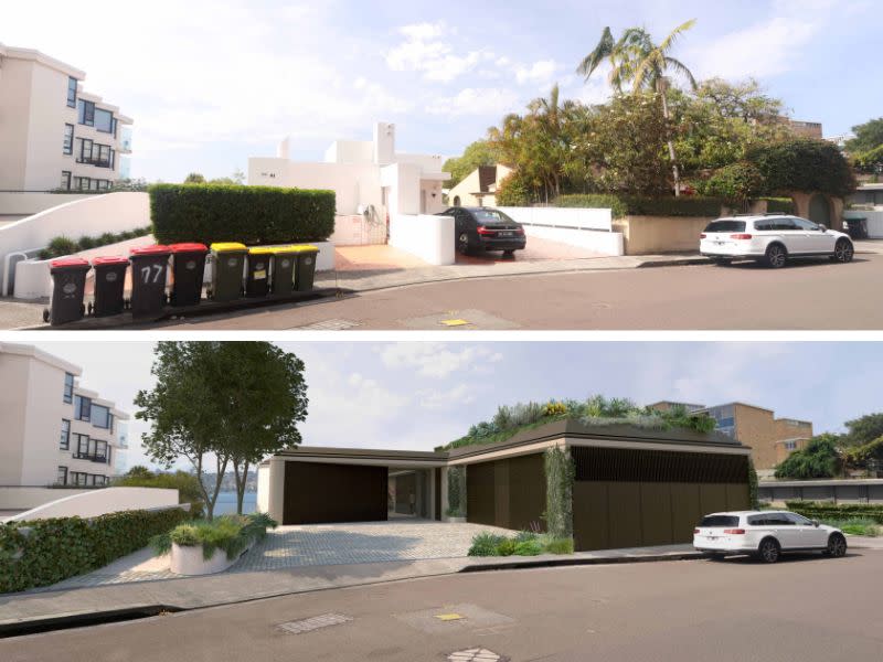 before and after images of the existing entrance and future entrance at Yarranabbe Road which both look to be single storey but are actually multi-storey on a sloping block to Sydney Harbour.