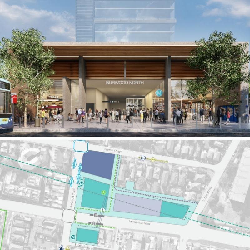 Burwood North station's proposed design with a large entrance and retail stores on the ground floor and a tower above. There is also an image of the aerial of the site showing other developable spaces.