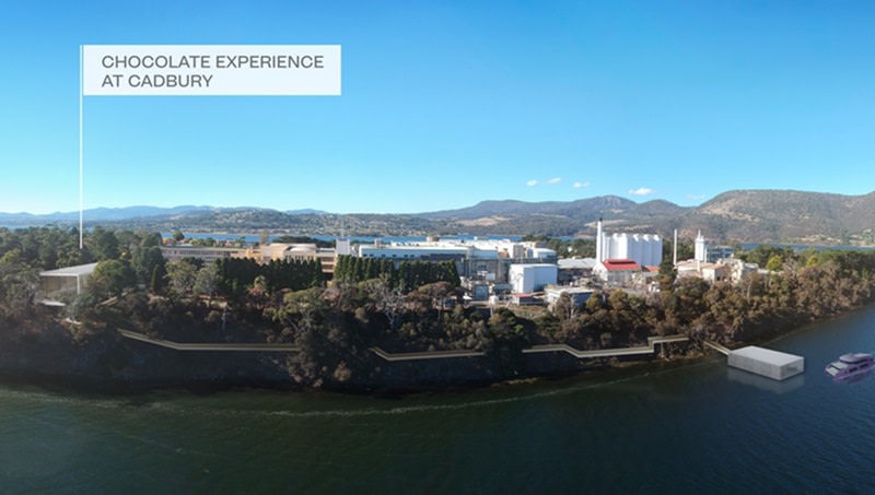 image of the Tasmanian Cadbury Factory with renders of the new attraction and pathway to a ferry terminal.