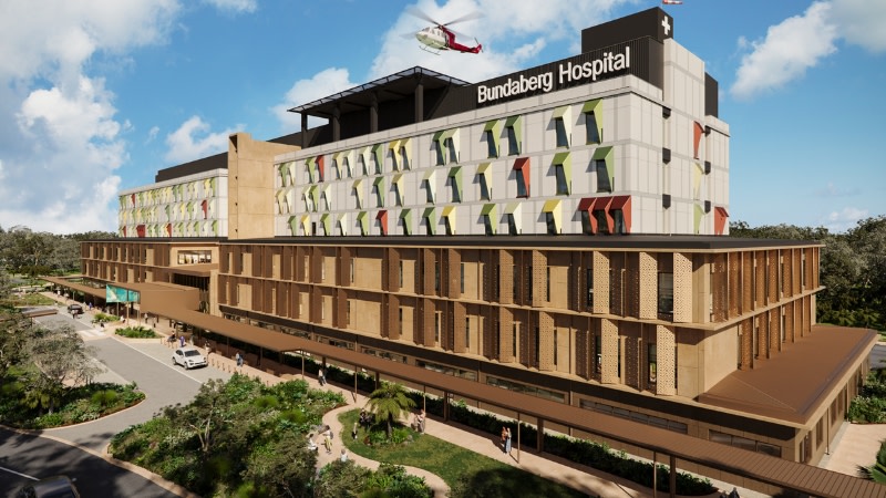 render of the side of the new bundaberg hospital showing its land, geology and water inspired design.