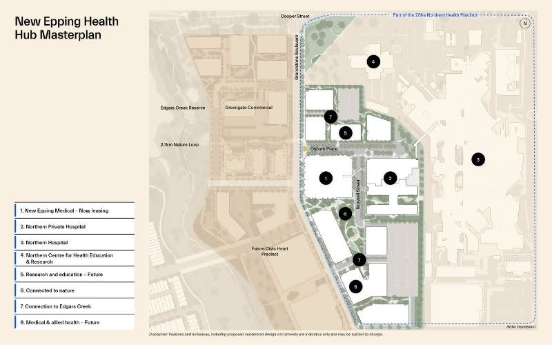A masterplan of the New Epping Health Hub, showing how the medical building fits alongside the private hospital, public hospital and future health uses at Cooper Street.
