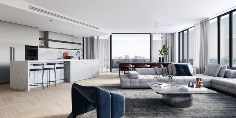 The stylish, modern interior of a Thornclyffe Residences apartment at Kangaroo Point.