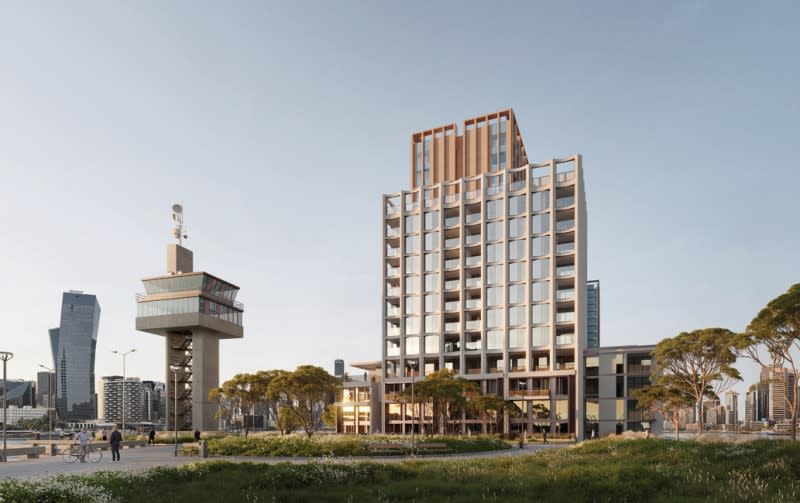 A render of Collins Wharf 6 from the public green space at the end of Collins Wharf.