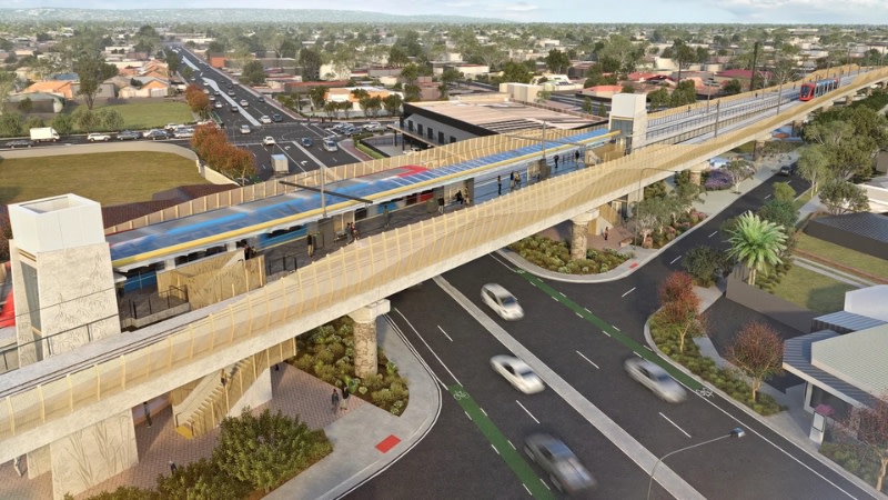 rendering of a dual tram line above a four lane road