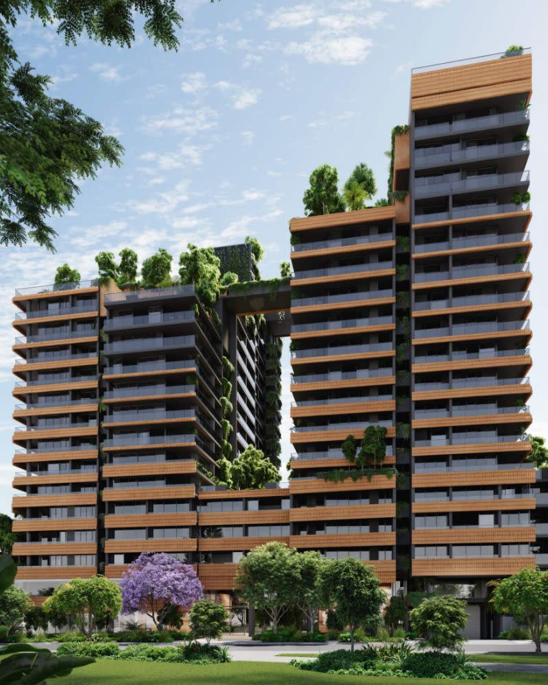 A render of the two-tower build-to-rent project pitched for 33 Jurgens Street at Woolloongabba.