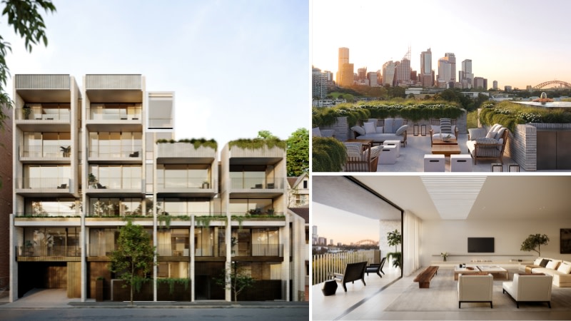 three images the first of an apartment building, the second of the rooftop pool and barbecue area with views of sydney and the third is the interior of the apartments. 