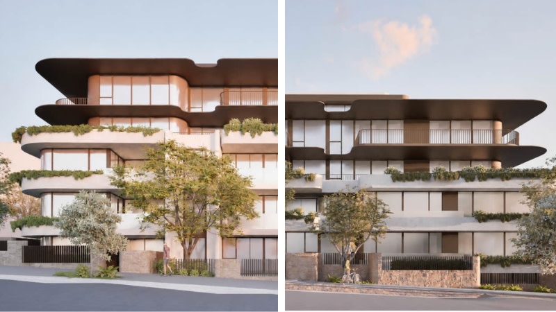 Renderings of the revised scheme for the two-stage project proposed by Fortis at 424 Bowen Terrace, New Farm.