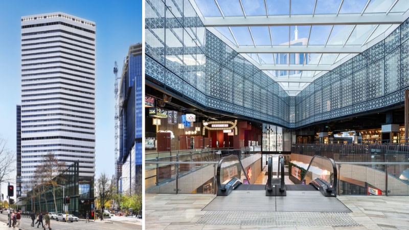 two images the first is of the 1970s northpoint tower in north sydney and the second is the brand new retail area inside looking at the escalators from the second to ground floor.