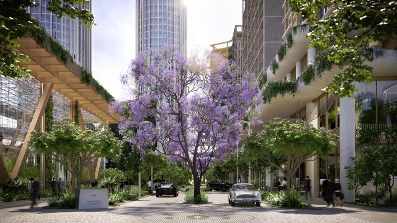 render of a jacaranda in the middle of a road surrounded by Singapore inspired buildings in Docklands Melbourne