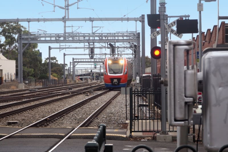 The trains being tested on the new line extension into Port Adelaide's Port Dock in South Australia.