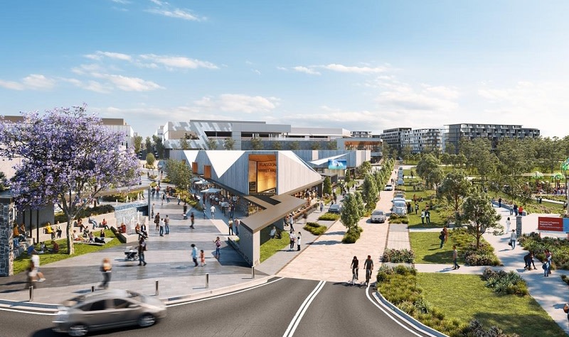 Render of a future Flagstone City with apartment buildings, shops and parkland south of Brisbane.