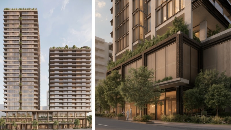 Renderings of the reworked dual tower build-to-rent scheme designed by Fraser & Partners.