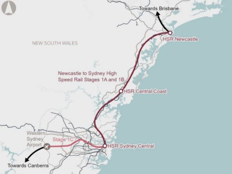 A map of the proposed Stage 1 of east coast high speed rail