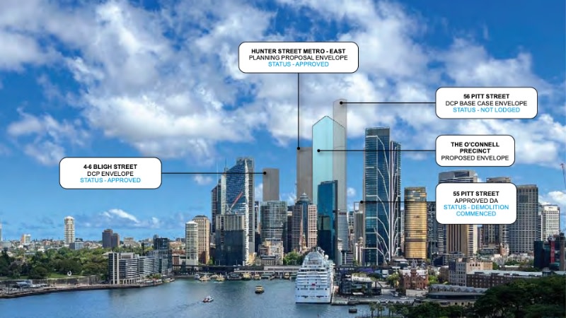 image with shadows indicating new developments and heights of towers in Sydney CBD