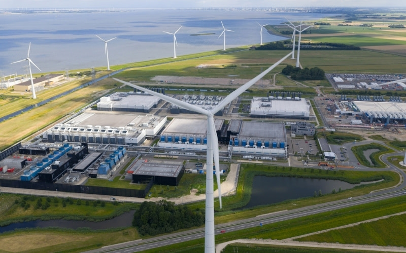 A photograph of a data centre and wind farm at Eemshaven in the Netherlands