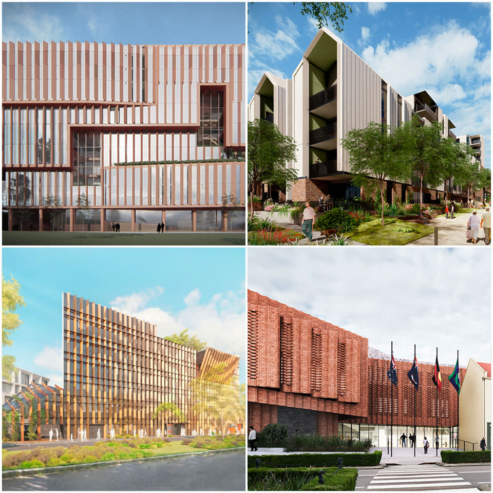 ▲ Flinders University Health and Medical Research Building (top left), Bills Street Hawthorn (top right), North Melbourne Primary School (bottom left). Maitland Administration Centre (bottom right).