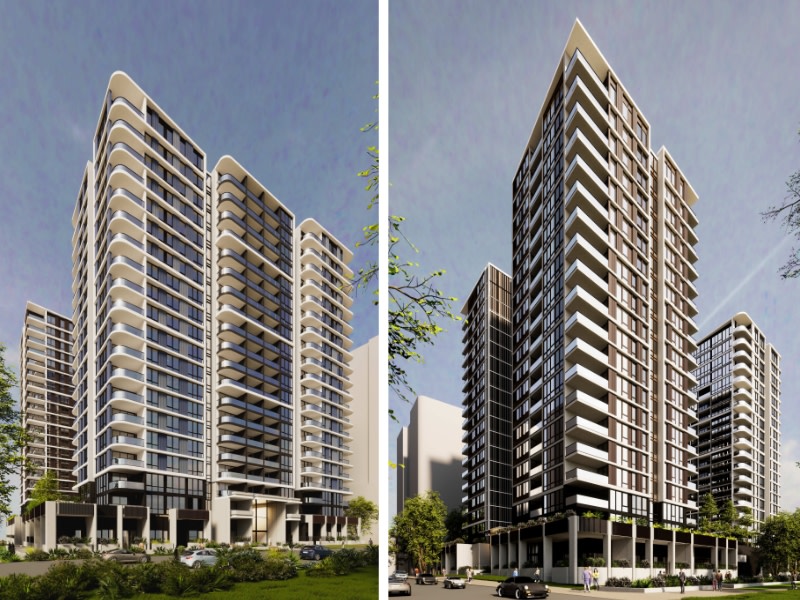 two images side by side showing the 20 storey tower plans in Eastgardens as part of the Pagewood project.