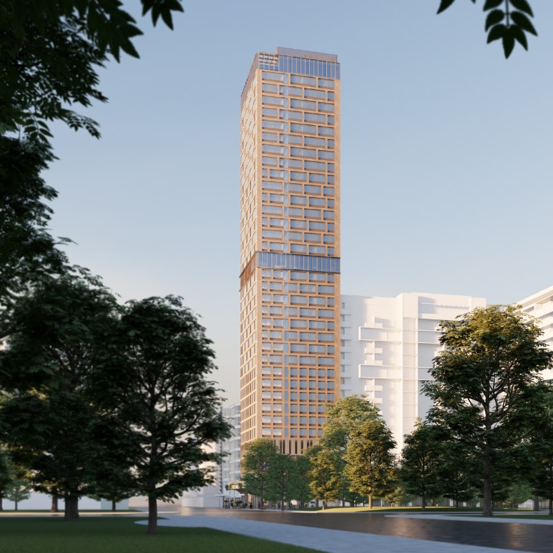 sketch of a 35 storey building on a square block planned for adelaide next to the park