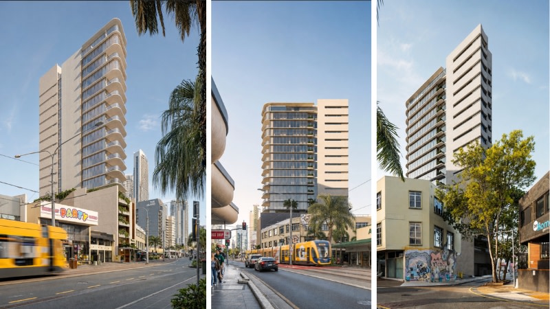 Renderings of the 17-storey "skinny" tower proposed for 3098 Surfers Paradise Boulevard.