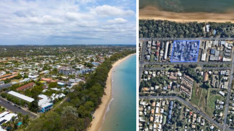 two images depicting 408-412 The Esplanade in Torquay showing low rise buildings and a blue green waterway.