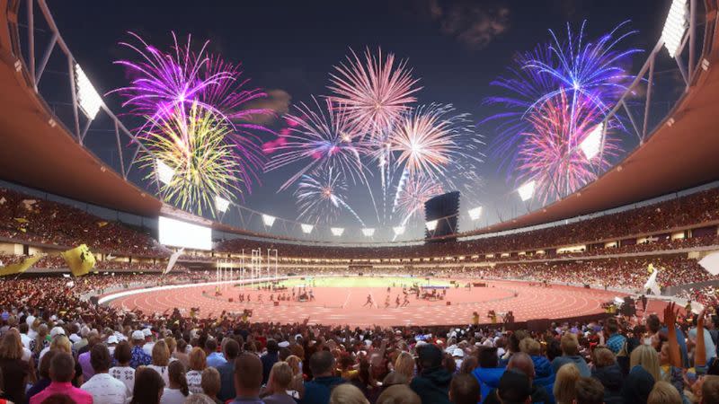 Render of the Brisbane 2032 Olympics at the redeveloped Gabba Stadium.