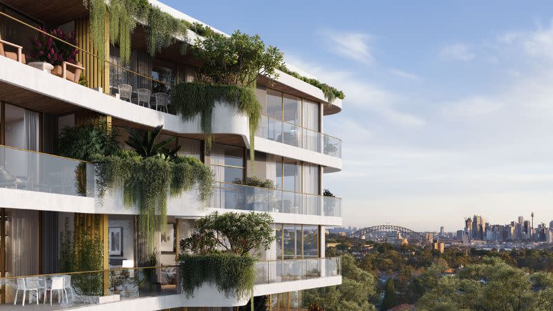 The exterior render of an apartment development in Sydney which will have views of Sydney Harbour.