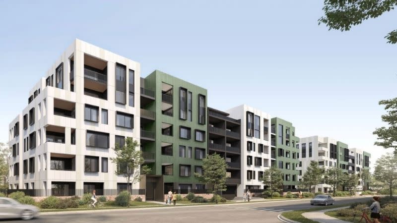 Rendering of buildings 2.3 and 2.4 showing five to six-storey forms with articulated facades and landscaped setbacks along the precinct’s eastern edge.