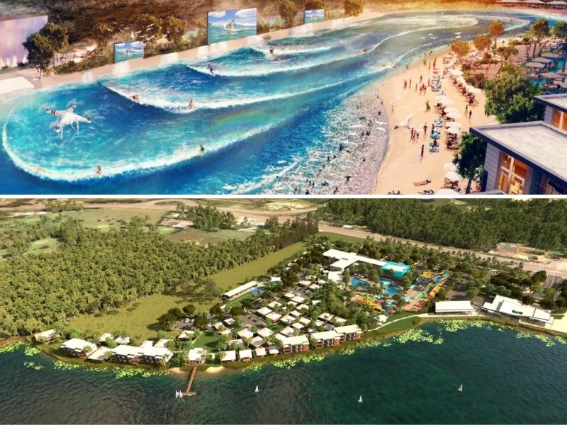 Two images of a wave park and a masterplanned resort around a waterpark in the green surrounds of the Sunshine Coast.