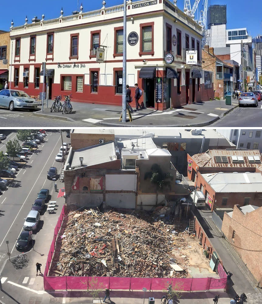 Corkman's Pub also formerly known as the Carlton Inn Hotel, prior to its illegal demolition in 2016.