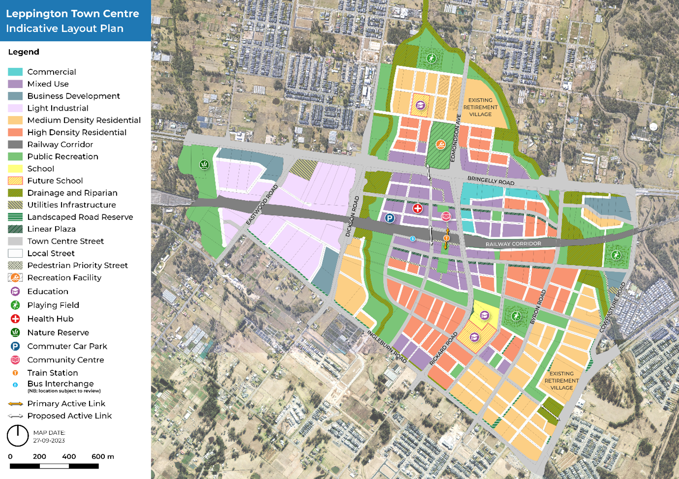 aerial image indicating where future high density, and mixed use zones will be around Leppington Town Centre.