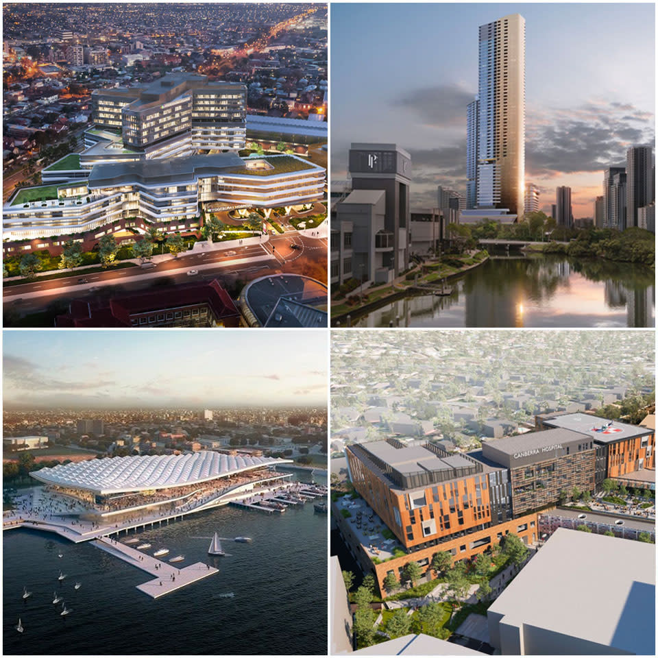 ▲ Footscray Hospital (top left), The Star's Epsilon on the Gold Coast (top right), Sydney Fish Market (bottom left), Canberra Hospital expansion (bottom right).