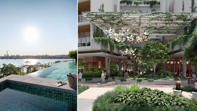 Rendering of the exterior entry and the pool amenities at LIV Anura at Newstead. 