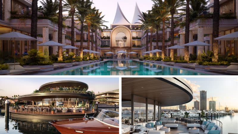 Renderings of Makris Group's planned  redevelopment of the Marina Mirage retail complex (top) and Gordon Corp's Mantaray Marina and Residences project.