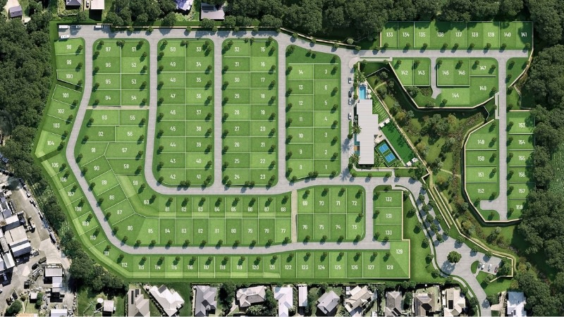 a block of land divided up for homes and a clubhouse 