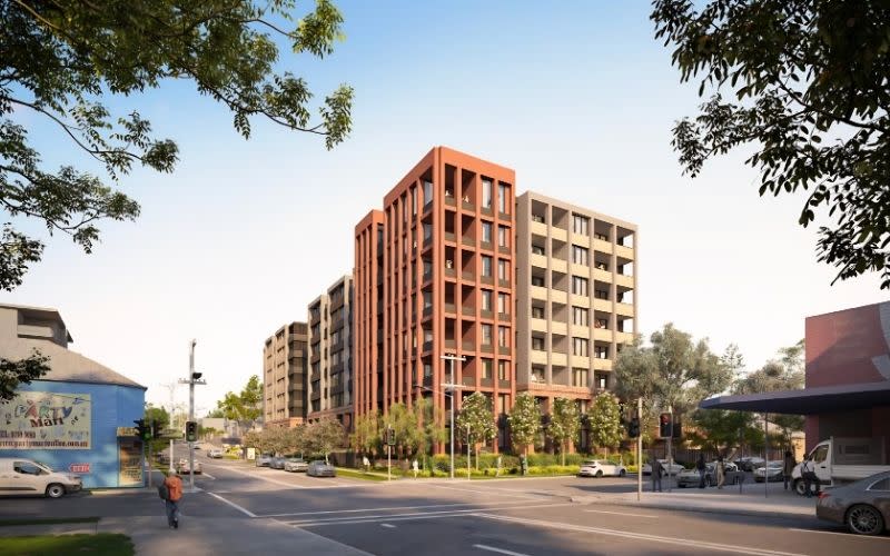 A DKO Architects rendering of the approved Homes NSW affordable housing project at 270-278 Burwood Road and 54 Lakemba Street, Belmore.