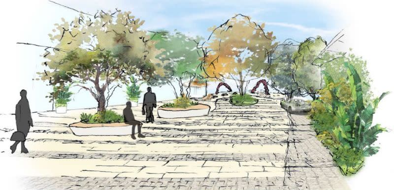 A landscaped walk-way will be part of a communal open space between the two buildings.