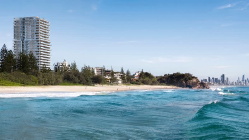 A rendering of the Burly Residences tower under construction along The Esplanade, North Burleigh.
